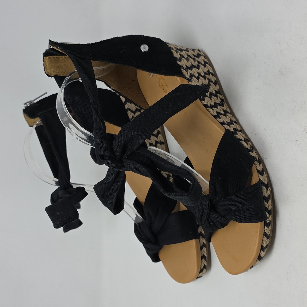 UGG Yarrow Espadrille Platform Wedge Sandals Black Ankle Tie Women's Size 9